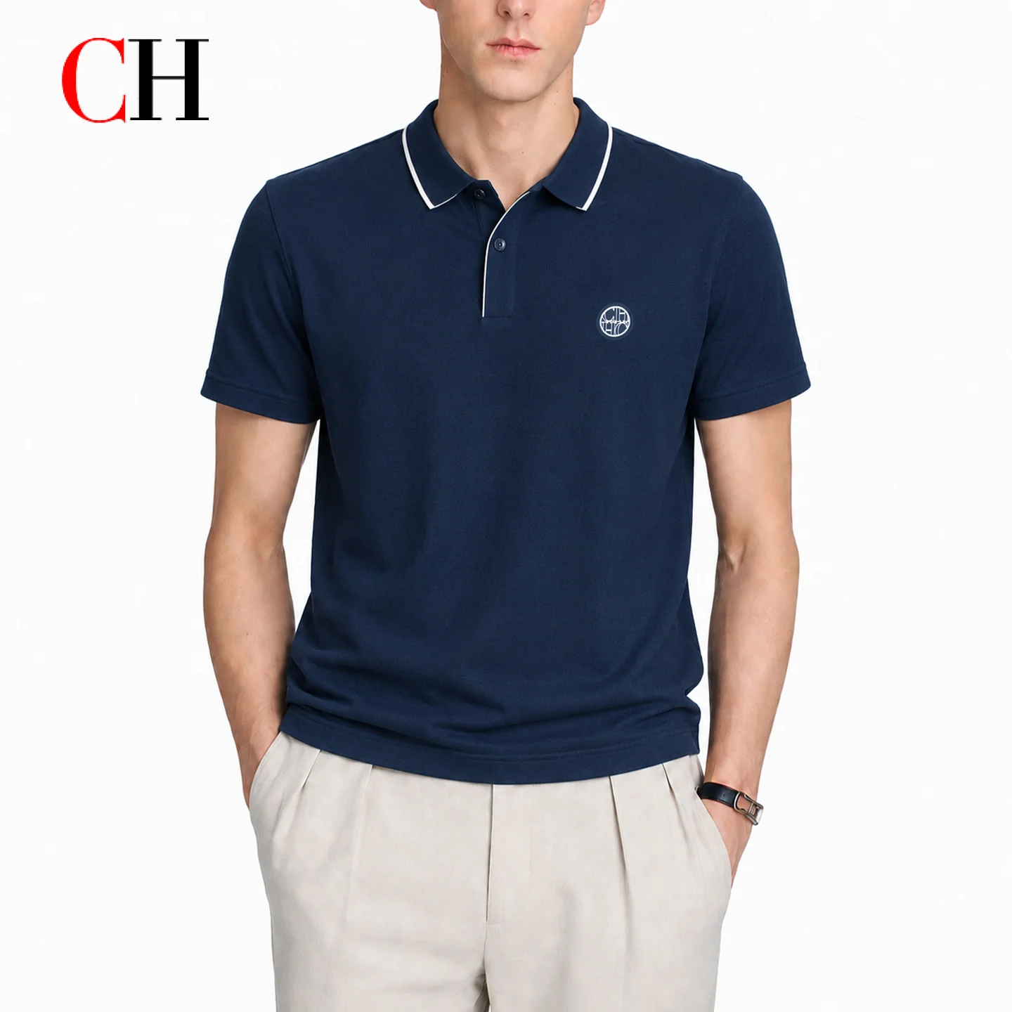 Golf Equipment Logo - เสื้อโปโลชาย CH Men แขนสั้น คอปกสีขาว ปักโลโก้ยางกลมด้านซ้ายอก